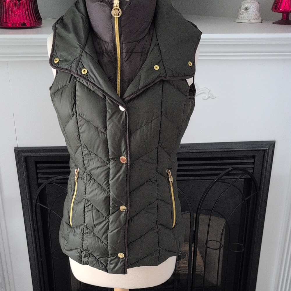 Michael Kors Dark Green And Brown Quilted Vest with Gold Accents Size XS